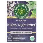 TRADITIONAL MEDICINALS- شاي نايت نايت إكسترا العضوي من تراديشنال ميديسينالز، بنكهة بلسم الليمون والناردين المخزني، خالٍ من الكافيين – 16 كيس شاي مغلّف – 0.85 أونصة / 24 غرامًا
