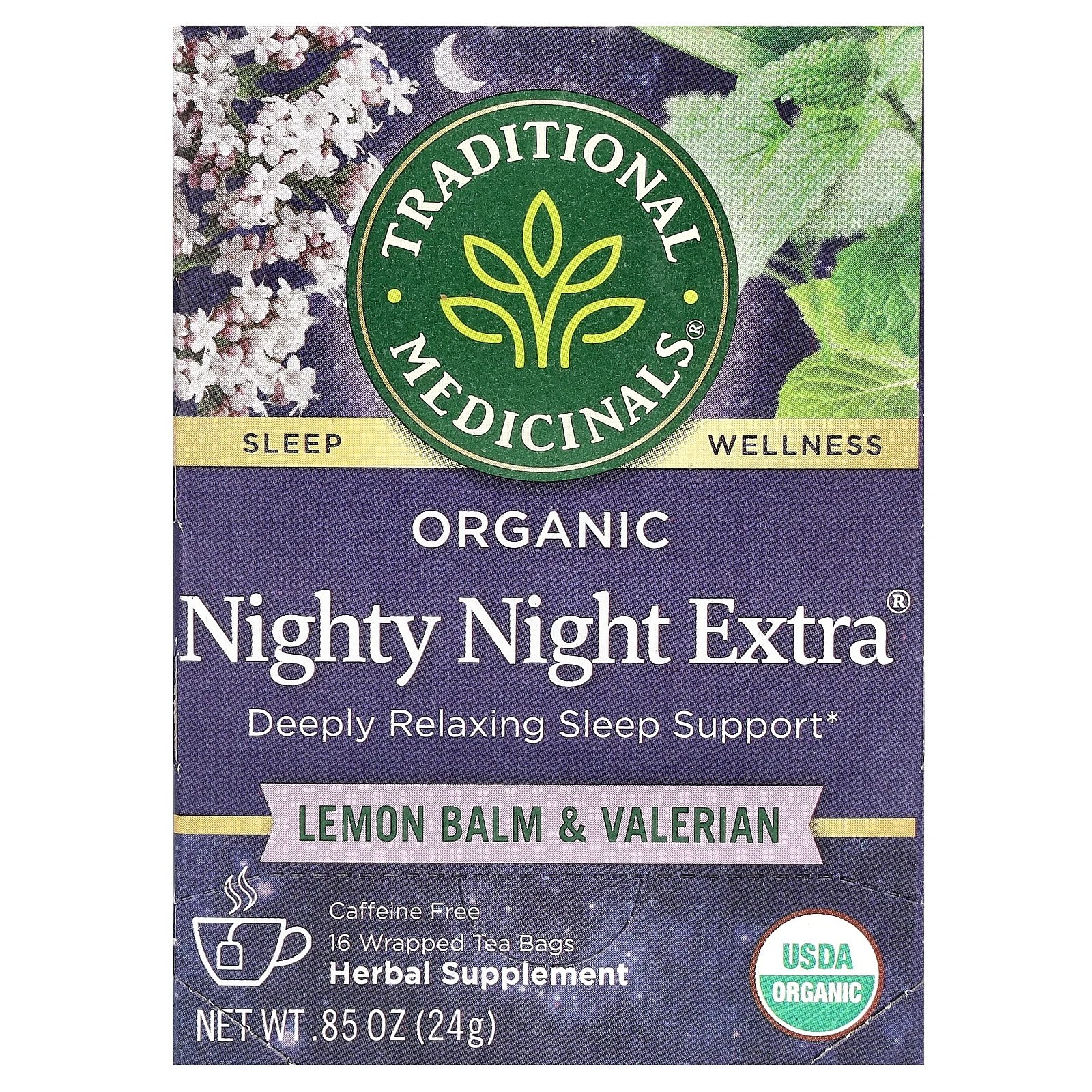 img_7570 TRADITIONAL MEDICINALS- شاي نايت نايت إكسترا العضوي من تراديشنال ميديسينالز، بنكهة بلسم الليمون والناردين المخزني، خالٍ من الكافيين – 16 كيس شاي مغلّف – 0.85 أونصة / 24 غرامًا - الصورة 1