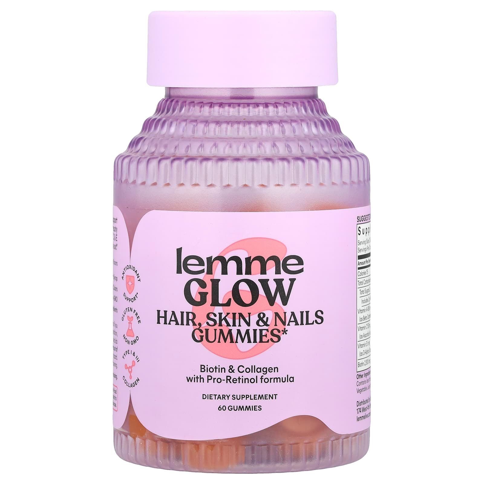 7a6c359f-0d39-430f-b9f9-3cb9379a127e LEMME GLOW-علكات للشعر والبشرة والأظافر، لون الخوخ، 60 علكة - الصورة 1