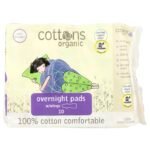 COTTONS ORGANIC- فوط قطنية عضوية، فوط ليلية بأجنحة، غزيرة التدفق، بدون رائحة، 10 فوط